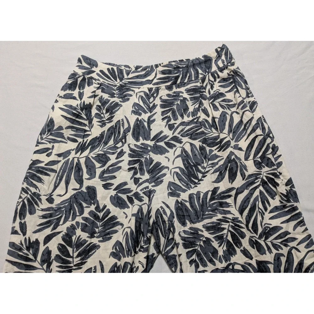 MNG MANGO Women Small Blue Ivory Linen Blend‎ AOP Pull-on Wide-Leg Cropped Pants